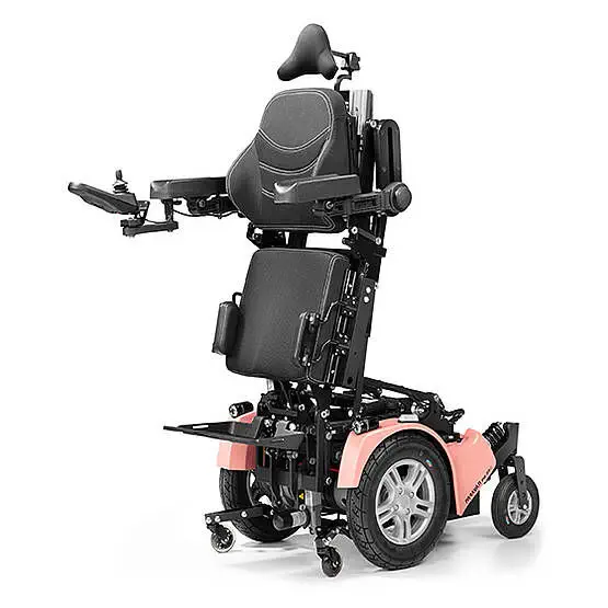 【輪椅王】 The WCPR 35S Standing Electric Wheelchair features adjustable seating and joystick control. With its pink base, large rear wheels, small front casters, and supportive headrest, this model combines functionality with comfort for effortless mobility.