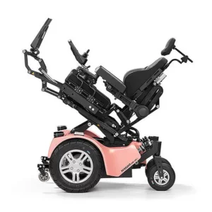 【輪椅王】 The WCPR 35S Standing Electric Wheelchair features a tilting seat mechanism, large rear wheels, and a vibrant pink frame, designed for enhanced mobility and comfort.