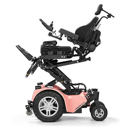 【輪椅王】 The side view of a pink WCPR 35S Standing Electric Wheelchair showcases its elevated seat and adjustable footrest, offering both style and functionality.