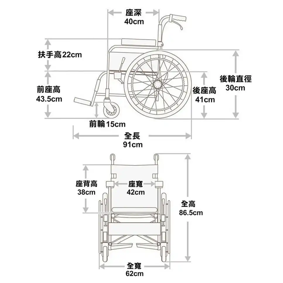 【輪椅王】 此圖展示了日本MIKI MOCC-43JL手推輪椅（9.9公斤，16吋實心小輪）的緊湊設計。以公分為單位的詳細測量包括座椅深度、高度、寬度、車輪直徑和整體尺寸。完美體現了這款創新輪椅模型的體積超細特徵。