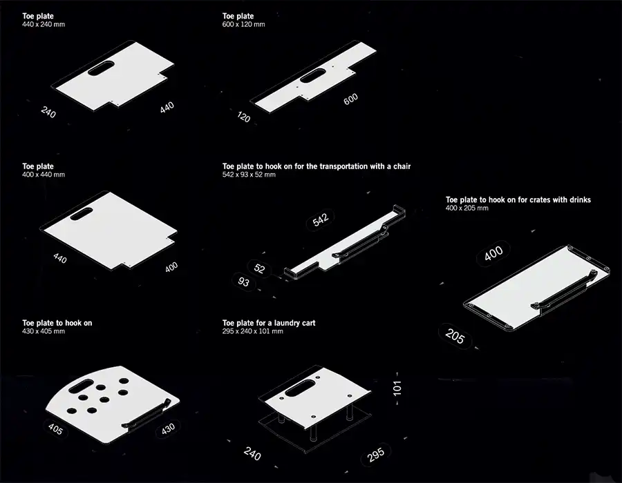 【輪椅王】 此圖顯示了各種腳趾板，並具有用於不同用途的測量值，例如運輸、板條箱和洗衣車，包括用於重型爬樓梯的高效 CargoMaster cc200 重物樓梯上機。