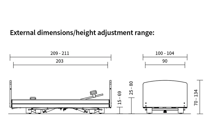 【輪椅王】 這張技術圖展示了德國品牌可升高清潔床底醫療床 WCLibra Boden（出口版），詳細介紹了其外部尺寸。它長 203 厘米，寬 90 厘米，可在 15 至 134 厘米之間進行各種高度調節，如側視圖和端視圖所示。