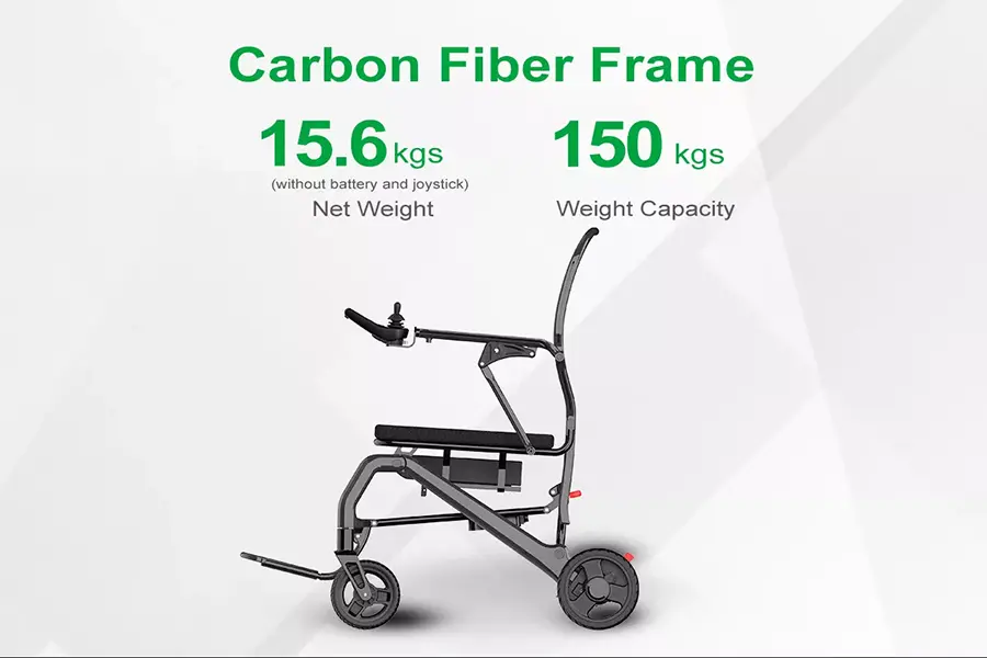 【輪椅王】 JBH 可調式輕型碳纖維 WCDC07L 的側視圖，一款輕量可折疊電動輪椅。碳纖維框架確保耐用性，淨重僅 15.6 公斤，承重能力高達 150 公斤。