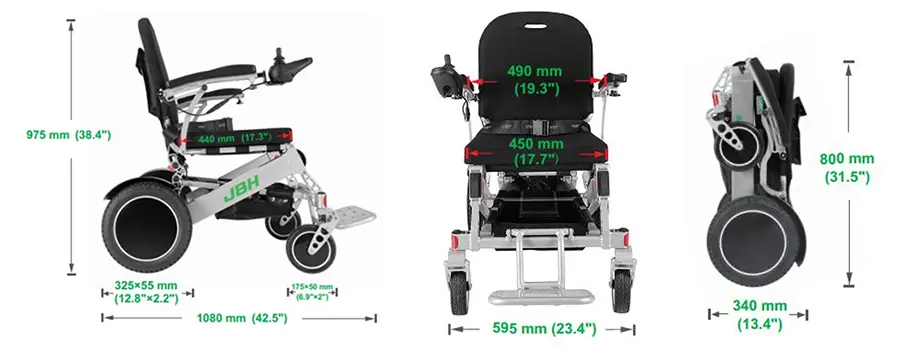 【輪椅王】 JBH折合式電動輪椅WCD36可折疊電動輪椅三視圖，展示其強大的200公斤承載能力。測量結果以側視圖、前視圖和折疊側視圖的形式提供，尺寸以公分和英吋為單位。.
