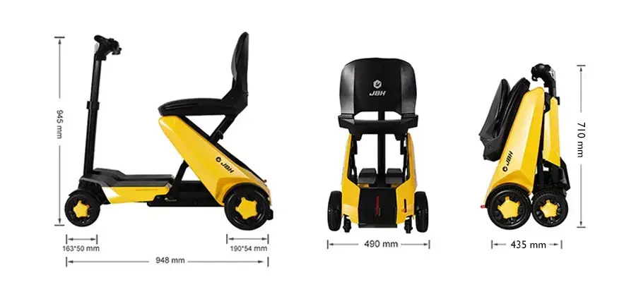 【輪椅王】 黃色JBH折疊式輕型代步車，型號為WCFNS01，採用可折疊電動滑板車設計，尺寸為：長948mm，高945mm，折疊後尺寸約435×495×710mm。它擁有可見的輪子和背面帶有品牌標誌的座椅。.